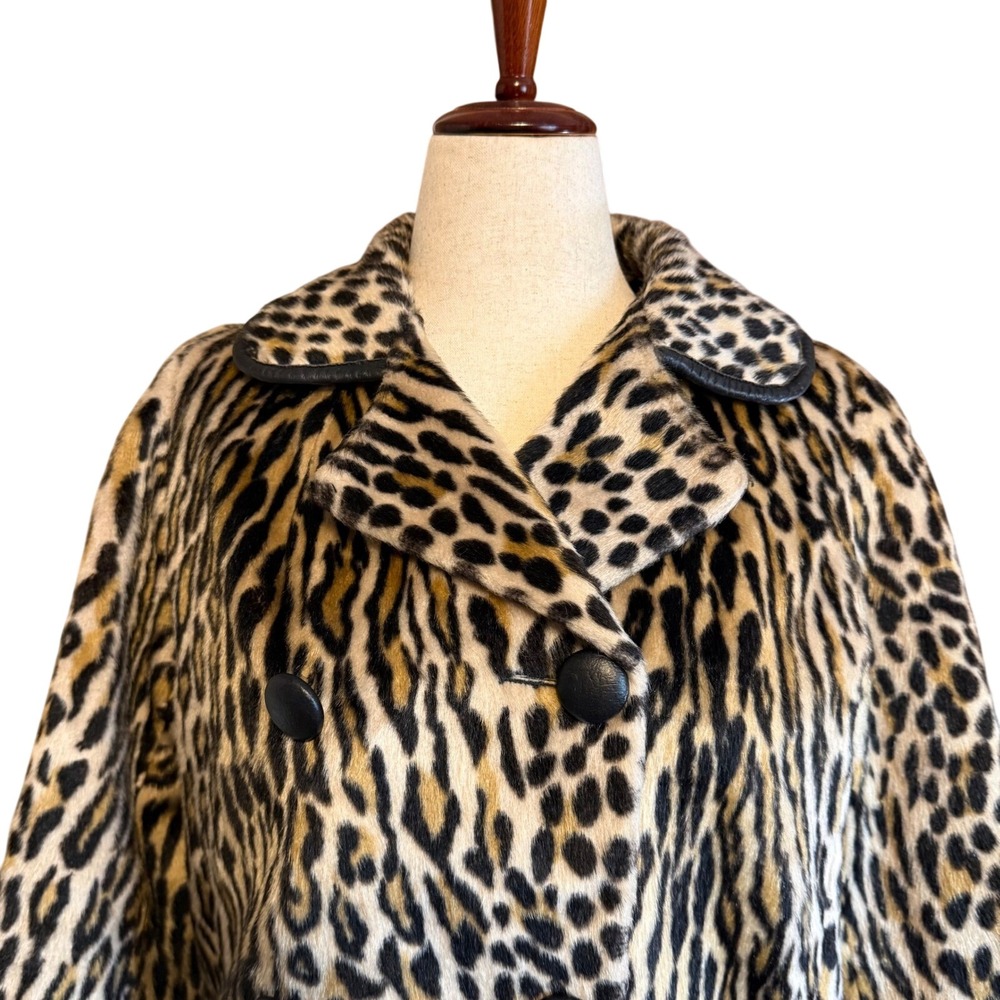Vintage Safari Sportowne Leopard Faux‎ Fur Coat Double Breasted Animal Print L - Picture 3 of 16